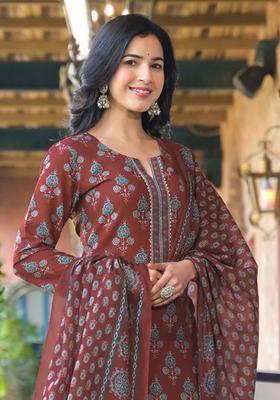Brown Floral Print Blended Kurta Set