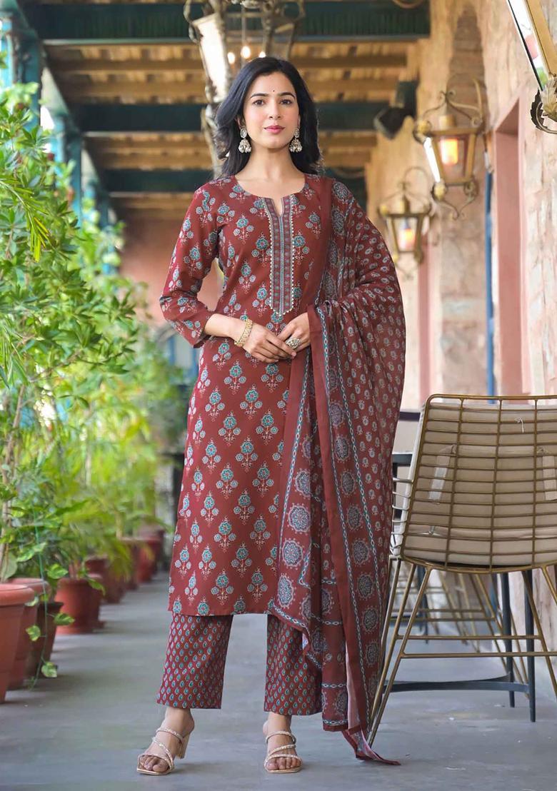 Brown Floral Print Blended Kurta Set - Indya