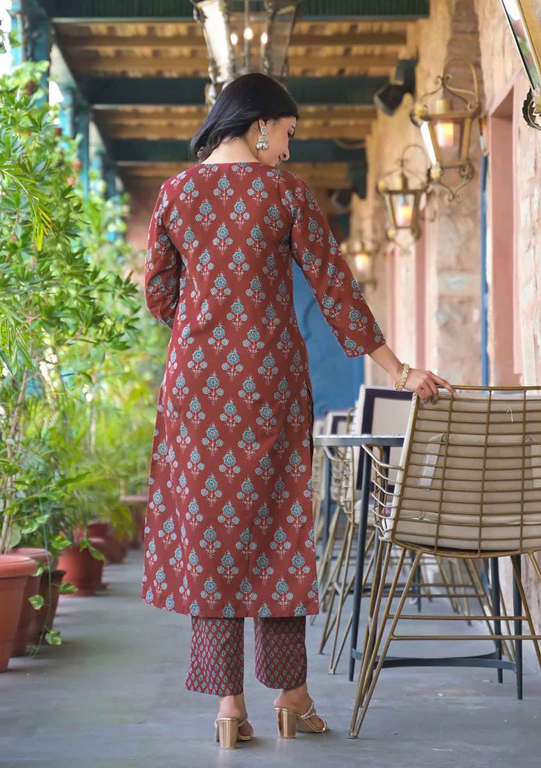 Brown Floral Print Blended Kurta Set - Indya