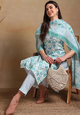 Off White Floral Print Rayon Kurta Set