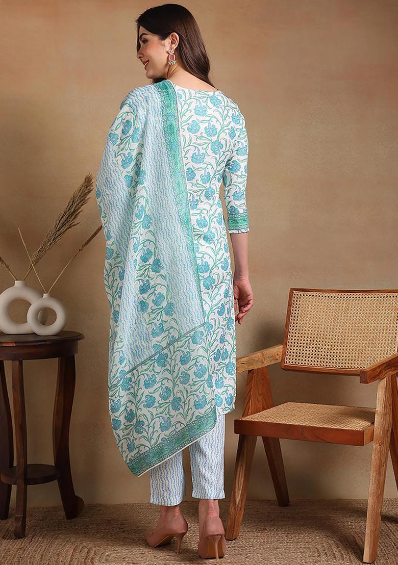 Off White Floral Print Rayon Kurta Set - Indya
