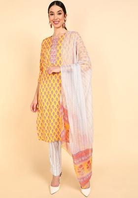 Mustard Printed Polyester Kurta Set