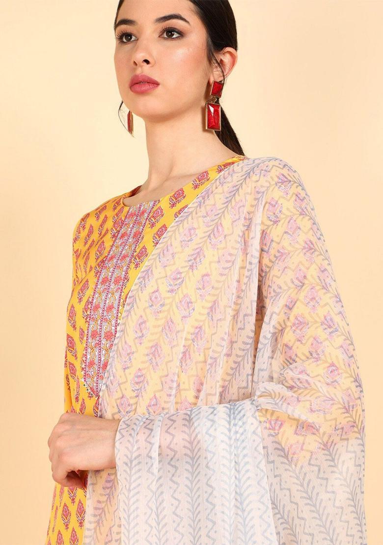 Mustard Printed Polyester Kurta Set - Indya