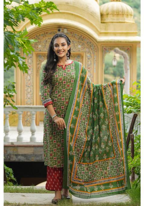 Green Printed Cotton Kurta Set — view on Indya