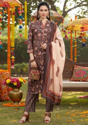 Taupe Printed Polyester Kurta Set