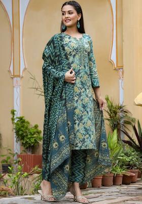 Teal Green Printed Rayon Kurta Set