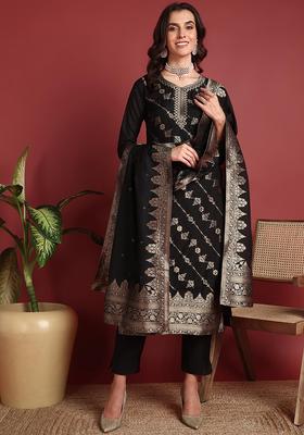 Black Printed Blended Salwar Suit Set