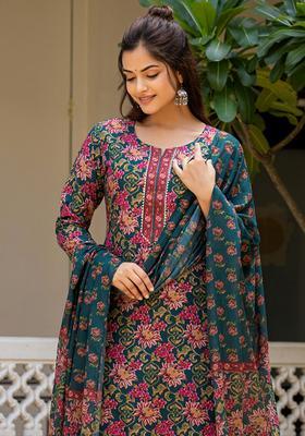 Green Floral Print Blended Salwar Suit Set
