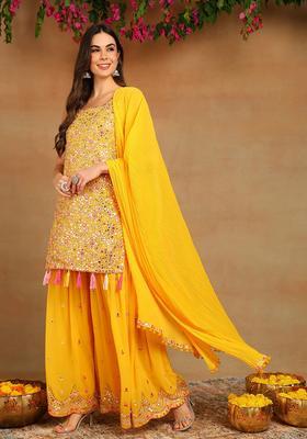 Yellow Embroidery Georgette Sharara Set