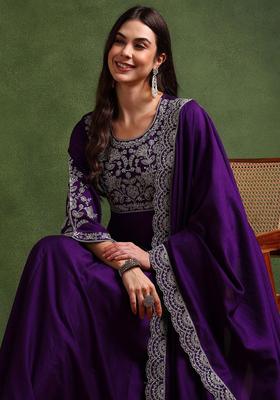Deep Purple Embroidery Blended Anarkali With Dupatta Set