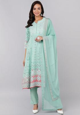 Green Printed Crepe Anarkali Set