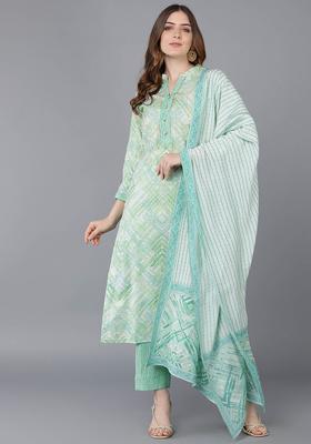 Green Printed Silk Kurta Set