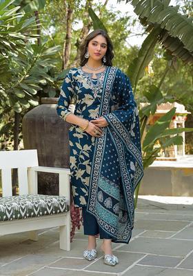 Navy Blue Floral Print Viscose Kurta Set