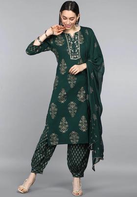 Green Printed Cotton Salwar Suit Set
