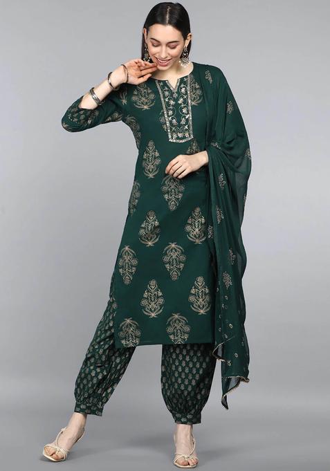 Green Printed Cotton Salwar Suit Set — view on Indya