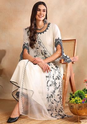 White Embroidery Blended Anarkali Set