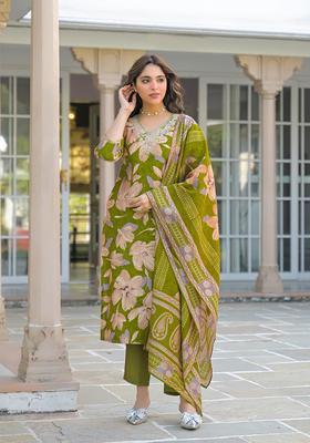 Green Floral Print Viscose Kurta Set