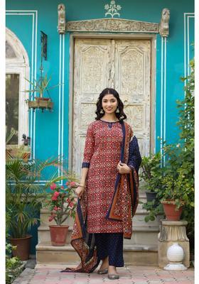 Red Printed Cotton Kurta Set