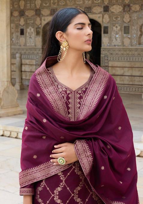 Burgundy Floral Print Blended Salwar Suit Set — view on Indya