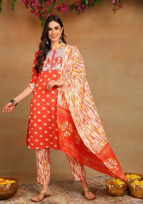Orange Printed Cotton Kurta Set