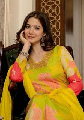 Yellow Floral Print Blended Kurta Set