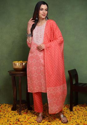Peach Printed Cotton Kurta Set