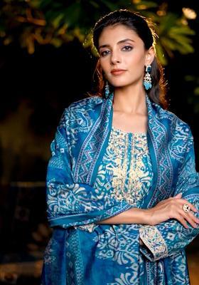 Blue Printed Silk Kurta Set
