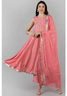 Pink Solid Silk Anarkali Set