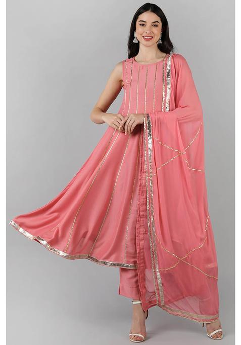 Pink Solid Silk Anarkali Set — view on Indya