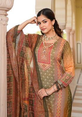 Olive Printed Rayon Kurta Set