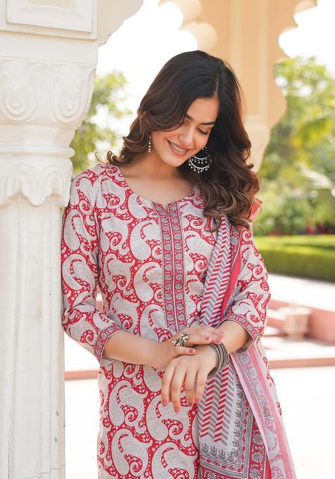 Red Paisley Blended Salwar Suit Set — view on Indya
