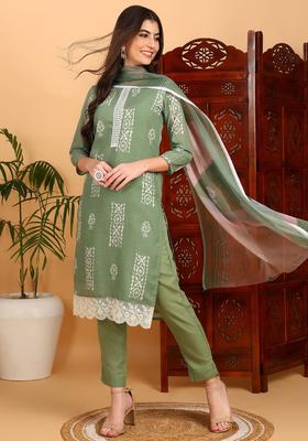 Green Printed Silk Kurta Set