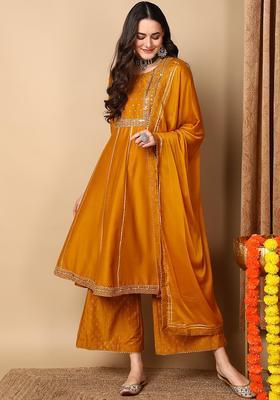 Mustard Embroidery Blended Anarkali Set
