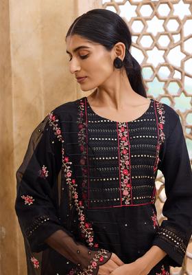 Black Embroidery Blended Kurta Set