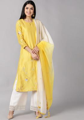 Yellow Embroidery Silk Kurta Set