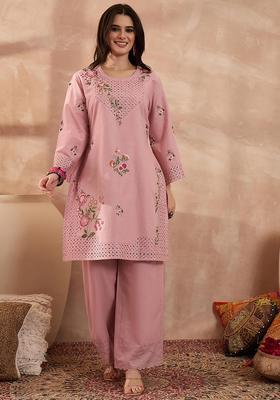 Pink Floral Print Cotton Kurta Set