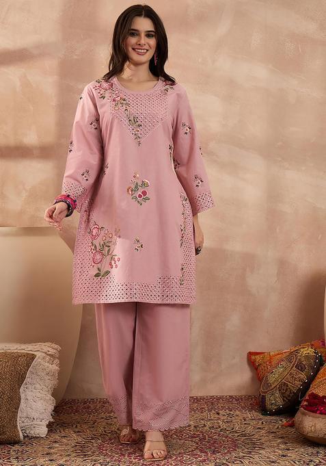 Pink Floral Print Cotton Kurta Set — view on Indya