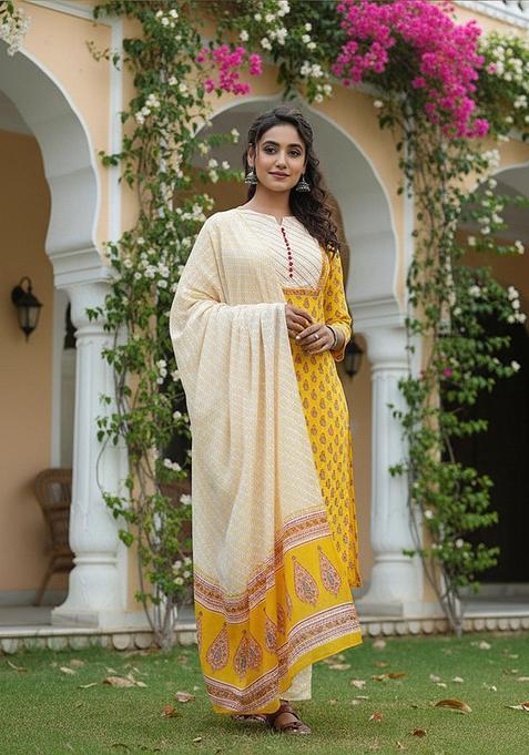 Yellow Printed Rayon Kurta Set — view on Indya