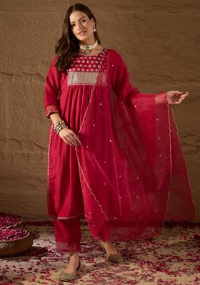 Red Embroidery Silk Kurta Set