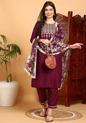 Purple Embroidery Silk Kurta Set