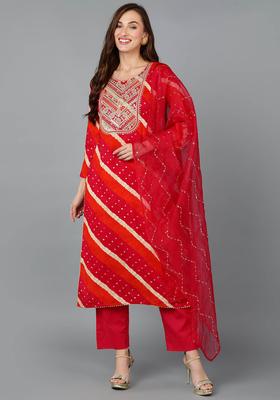 Red Embroidery Viscose Kurta Set
