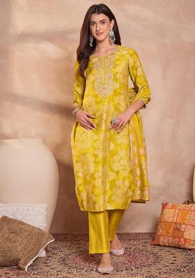 Yellow Floral Print Viscose Salwar Suit Set