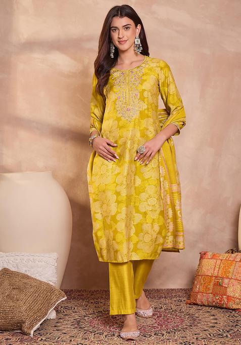 Yellow Floral Print Viscose Salwar Suit Set — view on Indya