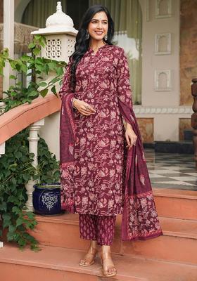 Maroon Floral Print Rayon Kurta Set
