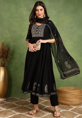 Black Embroidery Blended Anarkali Set