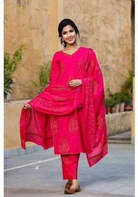 Pink Floral Print Cotton Kurta Set