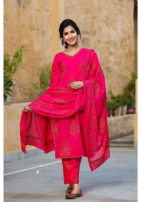 Pink Floral Print Cotton Kurta Set — view on Indya