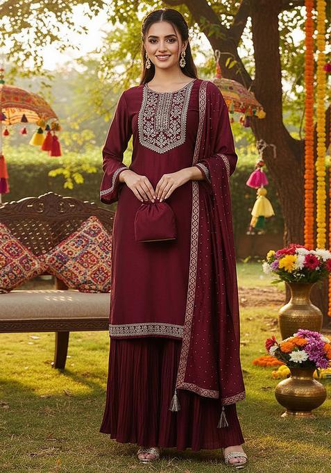 Maroon Solid Silk Sharara Set — view on Indya