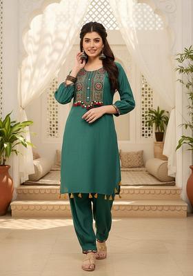 Green Embroidery Viscose Salwar Suit Set