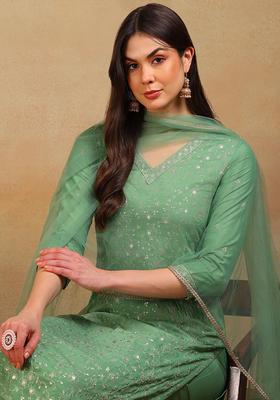 Green Embroidery Silk Kurta Set